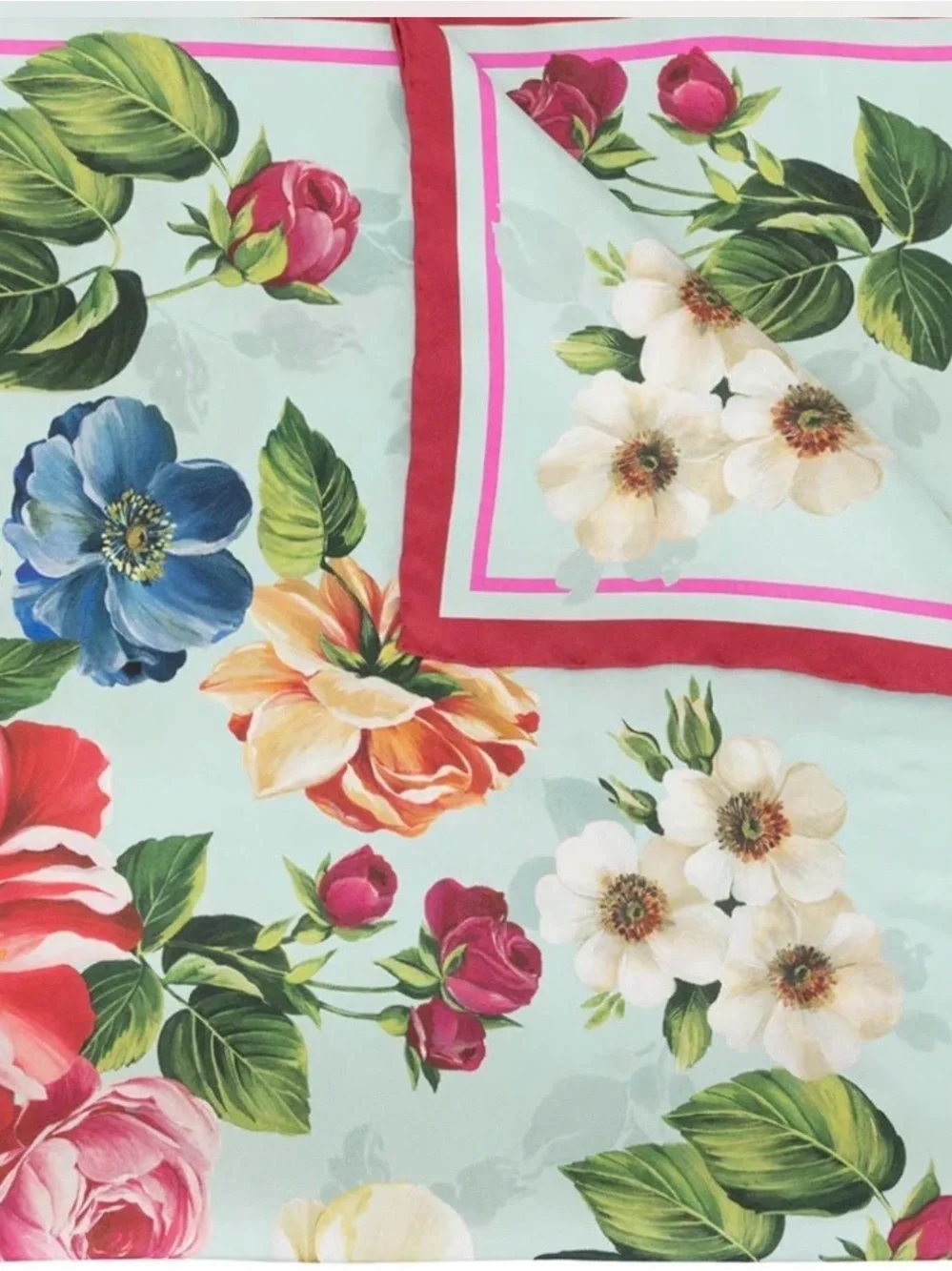 Dolce & Gabbana Floral Silk Scarf in Aqua with Pink and Red Border